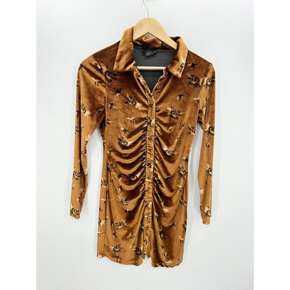House‎ of Harlow Dress Women XS Brown Floral Velvet Button Ruched Bodycon Sleeve - Picture 1 of 7